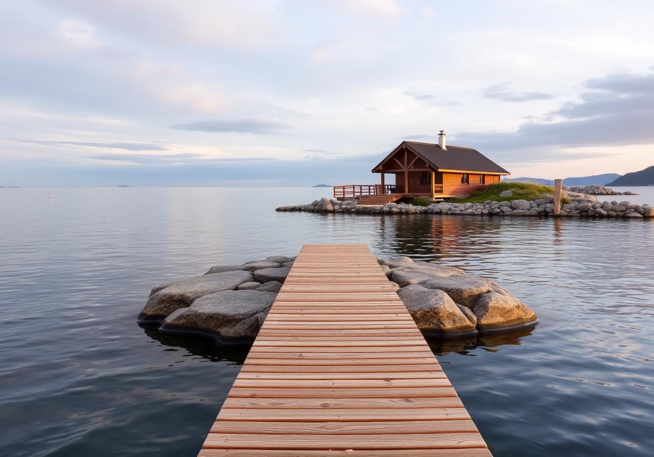 Trebrygge på svaberg med hytte i bakgrunnen