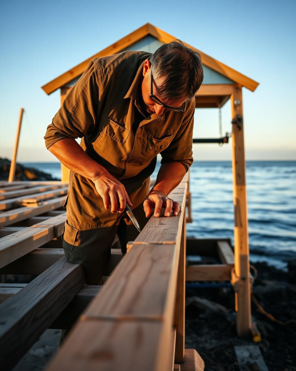 Håndverker bygger brygge på stedet
